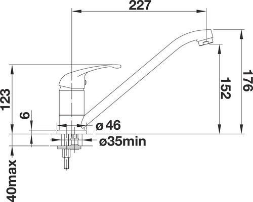 Technische Zeichnung einer Küchenarmatur mit Maßangaben