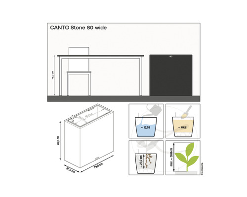 Canto Stone 80 wide Pflanzkasten Maße und Füllmengen Illustration