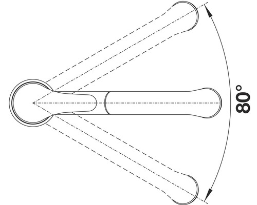 Darstellung eines Werkzeugschlüssels mit einem Schwenkbereich von 80 Grad.