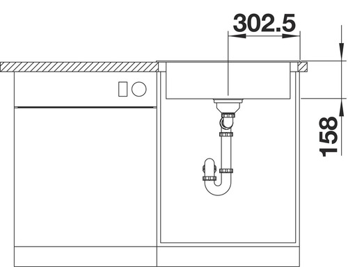 Dessin d''un évier avec les dimensions 302,5 et 158