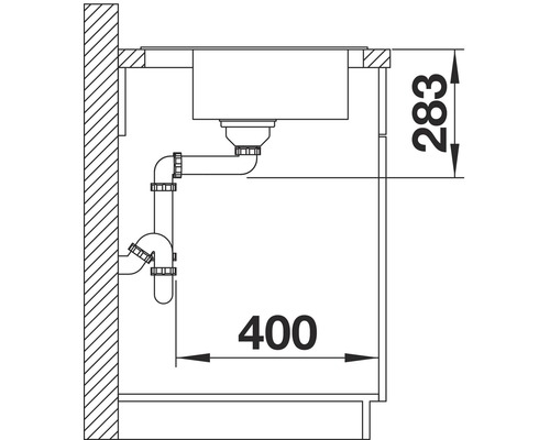 Schéma d''installation d''un évier de cuisine avec siphon et indications de mesure