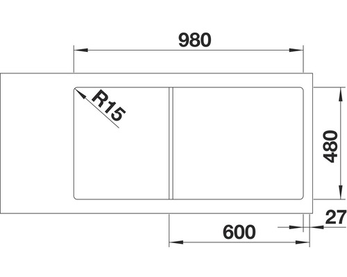 Technische Zeichnung einer Spüle mit Maßen