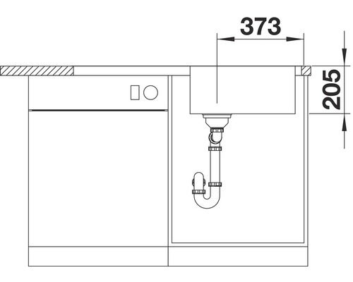 Technische Zeichnung eines Spültischunterschranks mit Maßangaben.