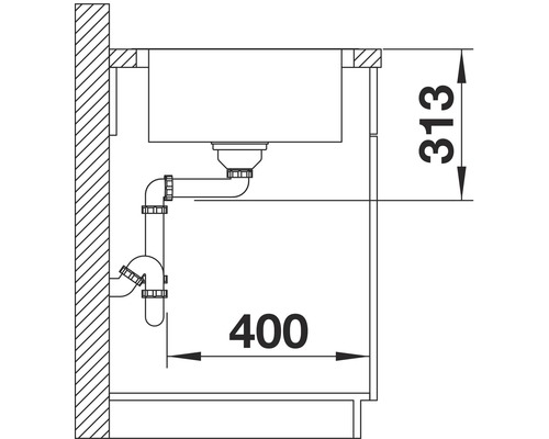 Schema einer Spüle mit Siphon und Maßangaben
