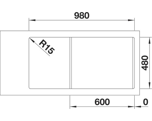Technische Zeichnung einer Spüle mit den Maßen 980, 480 und 600 mm sowie einem Eckradius von 15 mm