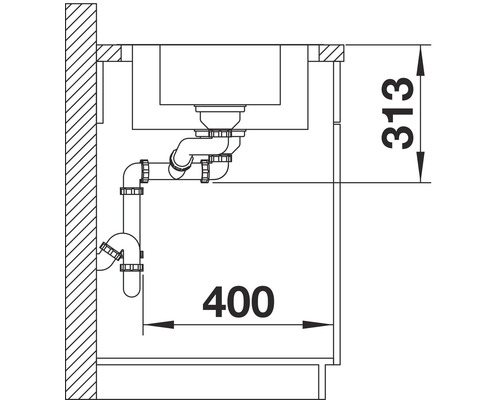 Skizze einer Spüle mit Siphon und Maßangaben 313 und 400.
