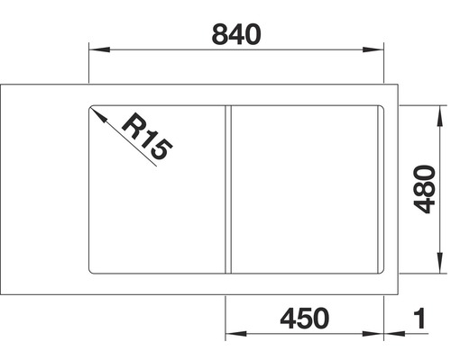 Technische Zeichnung einer Spüle mit den Maßen 840 x 480 mm
