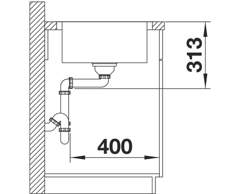 Technische Zeichnung eines Spülbeckens mit Siphon und Maßangaben