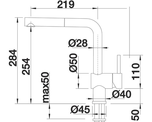 Technische Zeichnung einer Küchenarmatur mit Maßangaben