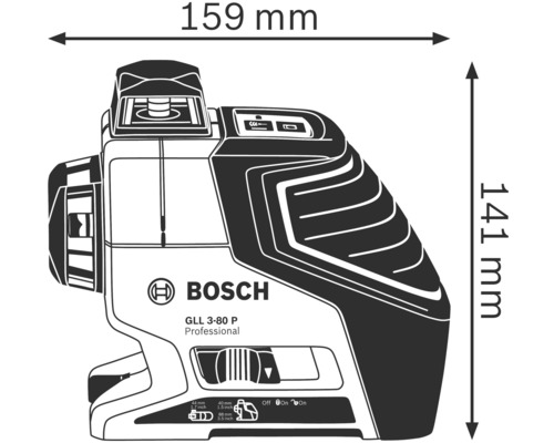 Niveau laser multilignes Bosch GLL 3-80 P Professional, dimensions 159 mm de largeur et 141 mm de hauteur