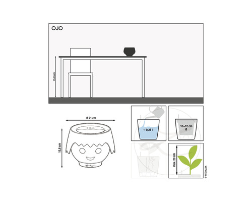 Dimensions et instructions d''utilisation du pot de fleurs Lechuza Ojo