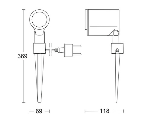 Technische Zeichnung einer Gartenleuchte mit Erdspieß und Maßangaben
