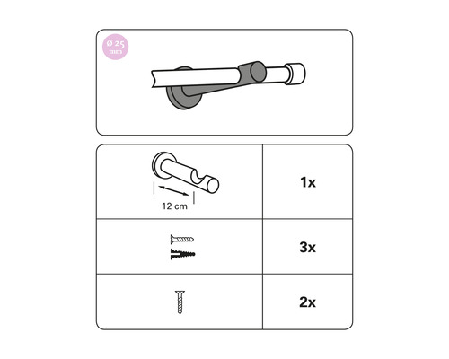 Abbildung der Gardinenstangenhalterung mit 25 mm Durchmesser, einer Länge von 12 cm und Befestigungsmaterial