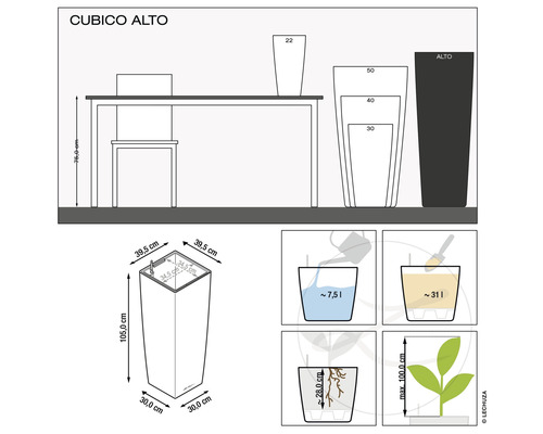 Image du produit avec les dimensions et les conseils d''entretien des bacs à fleurs Cubico Alto