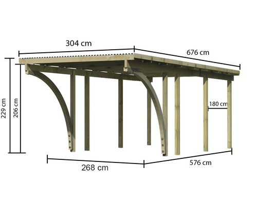 Dimensions d''un abri en bois avec une longueur de 676 cm, une largeur de 304 cm et une hauteur de 229 cm.