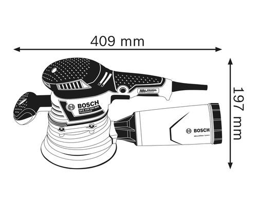 Ponceuse excentrique Bosch GEX 125-150 AVE Professional avec dimensions de 409 mm de longueur et 197 mm de hauteur