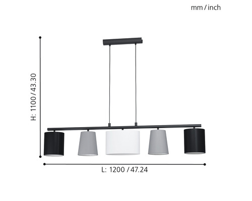 Lampe suspendue avec cinq abat-jour et indications de taille