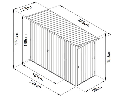 Dimensions d''un abri de jardin avec les indications suivantes : hauteur 176 centimètres, largeur 224 centimètres, profondeur 96 centimètres.