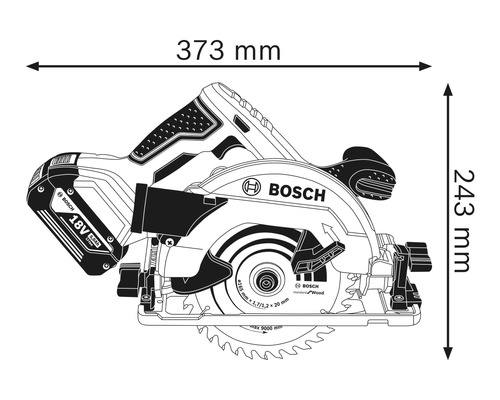 Image d'une scie circulaire à main avec les dimensions : 373 mm de long et 243 mm de haut.