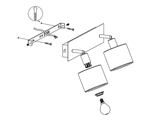 Schéma éclaté d''une applique murale avec deux lampes, matériel de fixation inclus