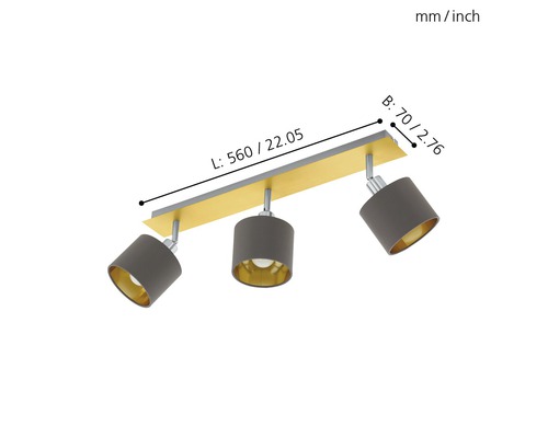 Deckenleuchte mit drei Strahlern und Maßangaben