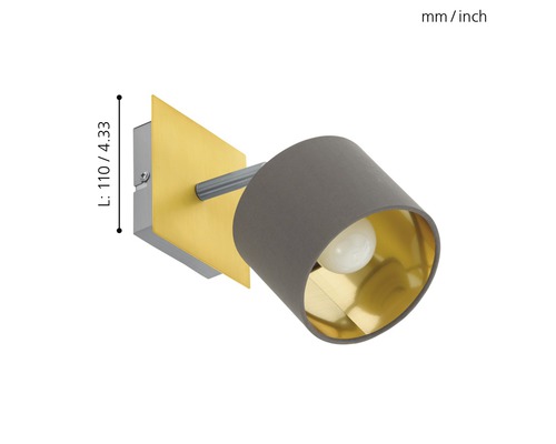 Wandleuchte mit grauem Lampenschirm und goldfarbener Innenseite