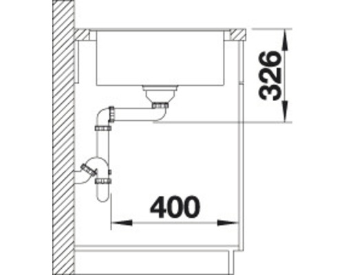 Dessin d''un évier avec garniture d''écoulement et dimensions 400 et 326.