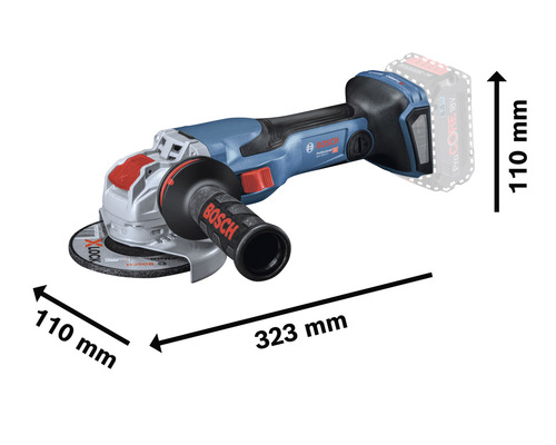 Bosch Akku-Winkelschleifer mit Abmessungsangaben