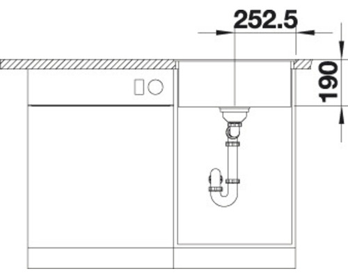 Dessin technique d''un évier avec siphon et lave-vaisselle, ainsi que des indications de dimensions.