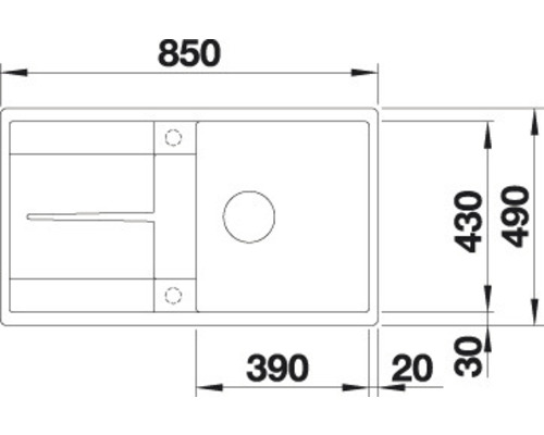 Technische Zeichnung einer Küchenspüle mit Maßangaben.