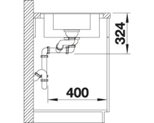 Schéma d''un évier avec un siphon et les dimensions 324 et 400.