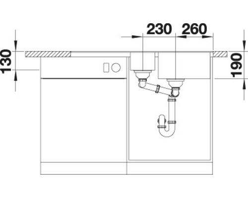Schéma d''installation d''un évier avec lave-vaisselle et indications de dimensions.
