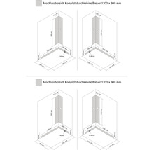 Anschlussbereich Breuer Komplettduschkabine mit Maßen 1200 x 800 Millimeter und 1200 x 900 Millimeter