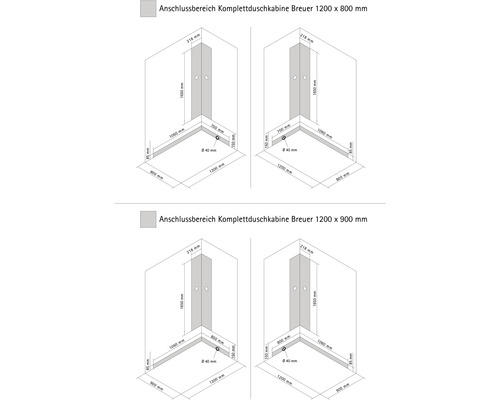 Anschlussbereich Breuer Komplettduschkabine mit Maßen 1200 x 800 Millimeter und 1200 x 900 Millimeter