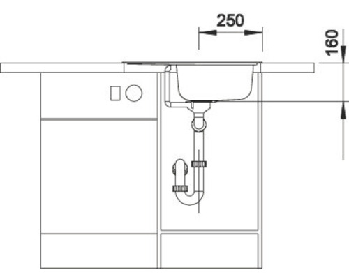 Technische Zeichnung einer Küchenspüle mit Unterschrank und Maßangaben.