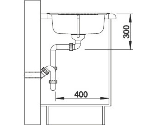 Technische Zeichnung eines Waschbeckens mit den Maßen 300 mal 400 Millimeter.