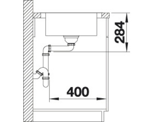 Technische Zeichnung einer Spüle mit Abmessungen