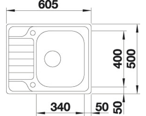 Technische Zeichnung einer Spüle mit den Maßen 605 x 500 Millimeter.
