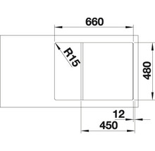 Technische Zeichnung einer Spüle mit den Maßen 660 x 480 mm