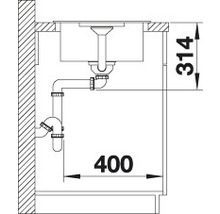 Schéma d''un évier avec des dimensions de 314 et 400 mm pour le montage