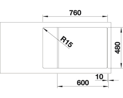 Technische Zeichnung eines Spülbeckens mit den Maßen 760 x 480 mm