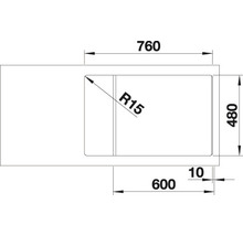 Schéma technique d''un évier de dimensions 760 x 480 mm et d''un rayon de cuve de R15.