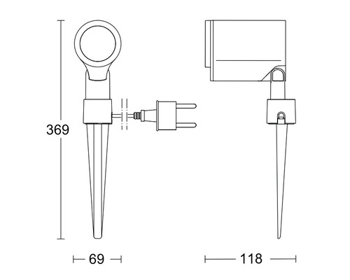 Dessin technique d''un spot sur piquet avec dimensions