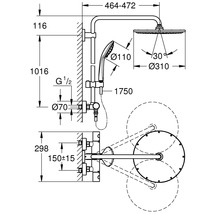 Schéma technique d''un système de douche avec dimensions.