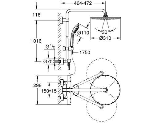 Technische Zeichnung eines Duschsystems mit Maßangaben.