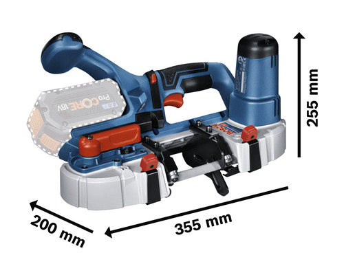 Scie à ruban sans fil Bosch avec des dimensions de 355 mm de longueur, 200 mm de largeur et 255 mm de hauteur.