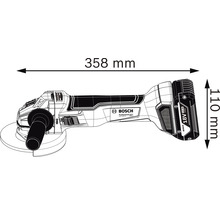 Bosch Winkelschleifer mit Maßangaben: Länge 358 mm, Höhe 110 mm