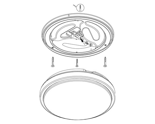 Explosionszeichnung einer runden Deckenleuchte mit Schrauben