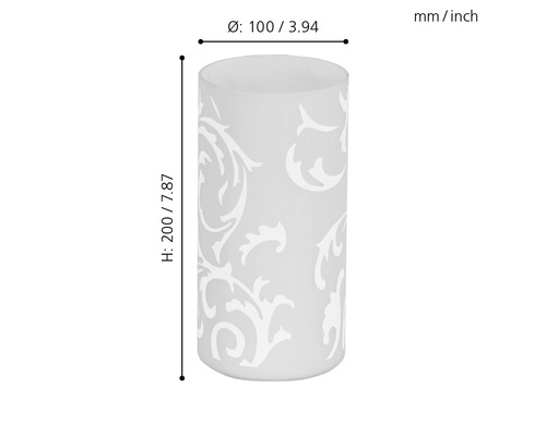 Luminaire cylindrique avec motif et indication de taille.