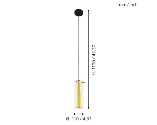 Technische Zeichnung einer Pendelleuchte mit den Maßen Höhe 1100 Millimeter und Durchmesser 110 Millimeter.